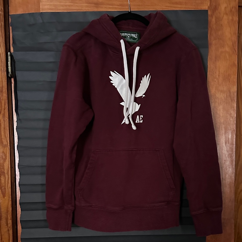 American Eagle Outfitters Burgundy Hoodie with White Graphic